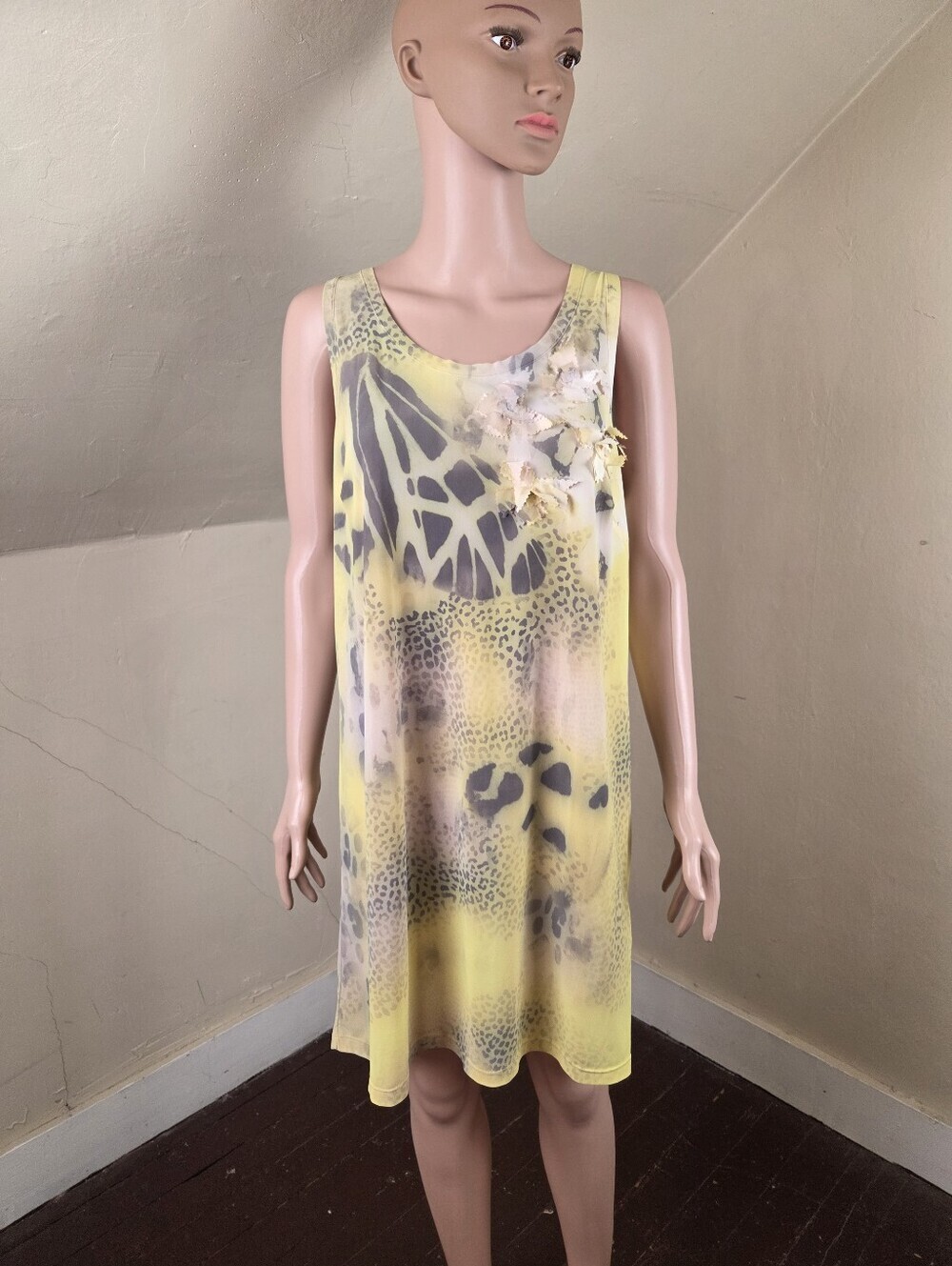 Blumarine Italy Yellow Butterfly Print Shift Dress Floral Applique US 12 EU 46